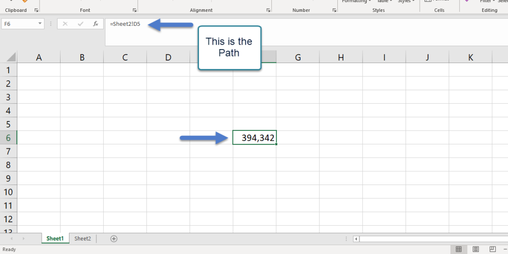 linking a cell in a different worksheet by using the cell's path