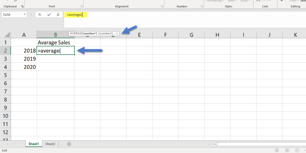 Linking cells in Excel, typing the average formula in a cell