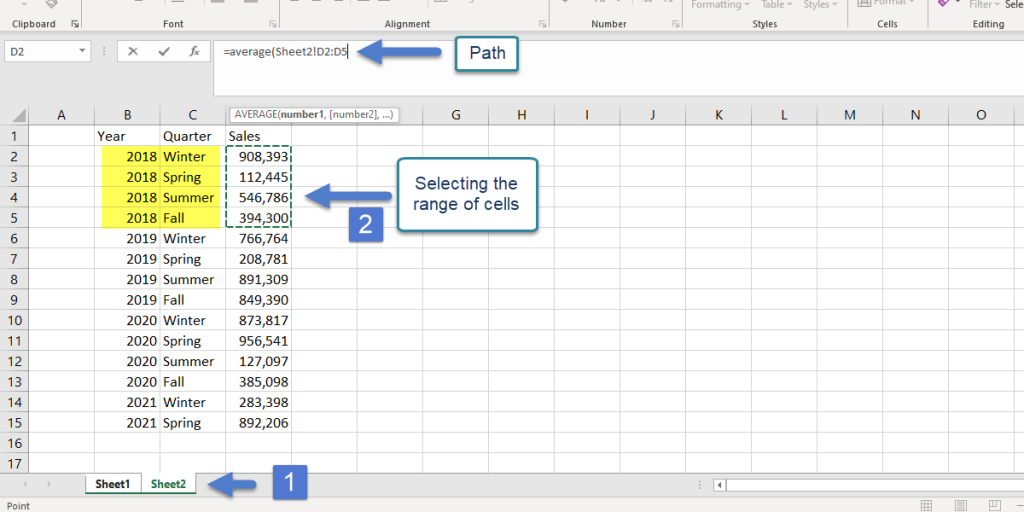 Linking cells in Excel, By selecting a data range from a different sheet for the formula, the path of the data range appears instead of raw data.