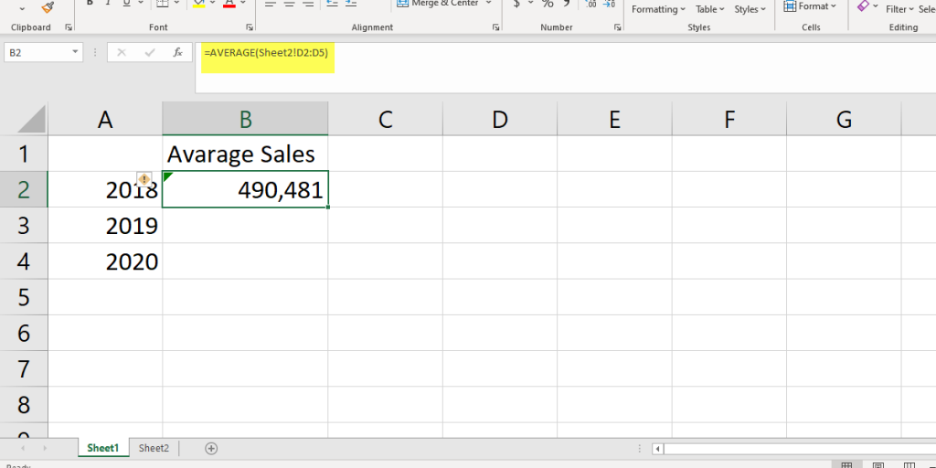 linking cells using the average function, the formula is linking to another sheet