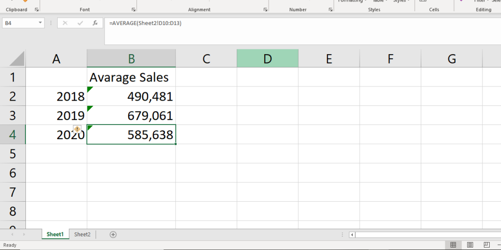 linking cells using the average function, average for a range of cells in a different sheet