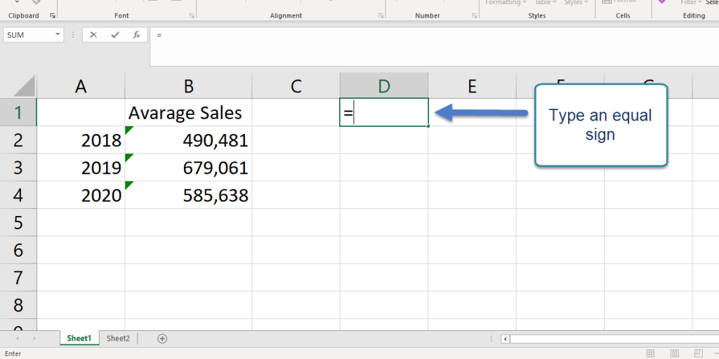 Linking cells in Excel, Typing an equal sign in an Excel cell