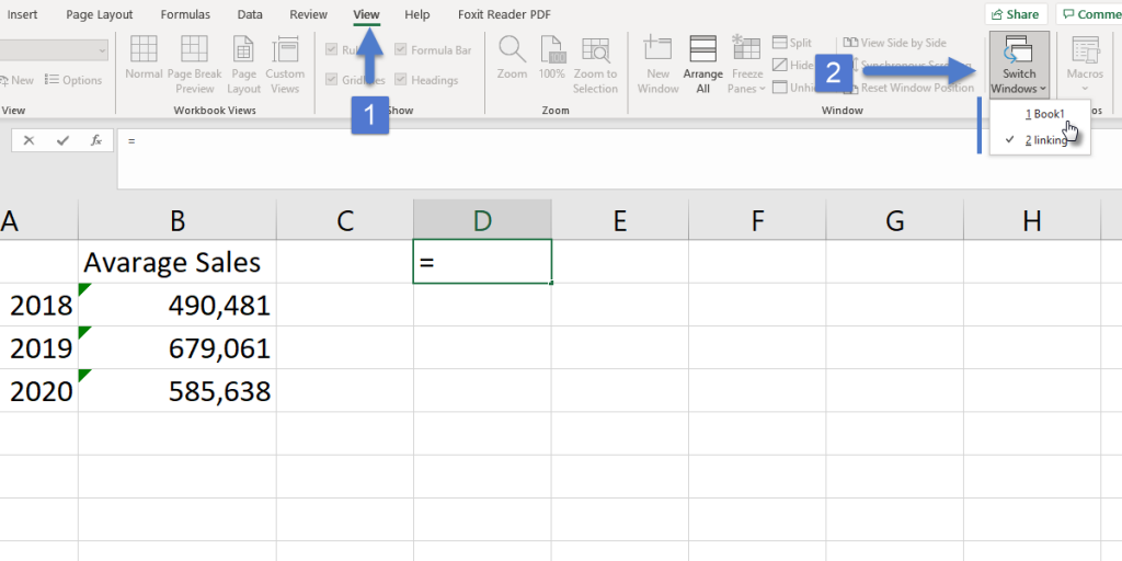 Linking cells in Excel, go to the view tab and select the Switch Windows option from the Window group to switch to the source workbook.