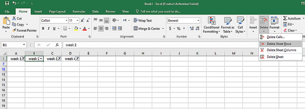 select all the rows you have filtered, go to the “Home” tab, in the cells group, click on the arrow under the “Delete” option and select “Delete Sheet Rows