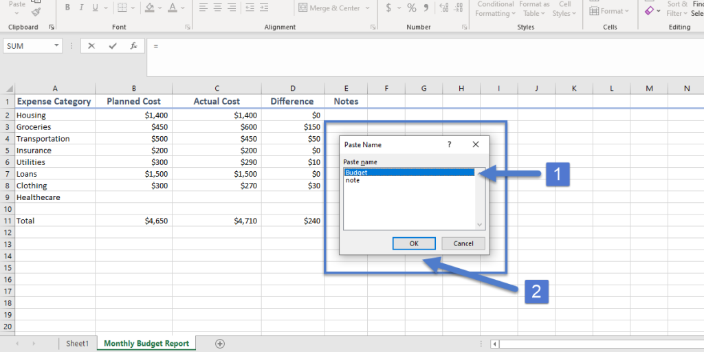 Linking cells in Excel, press F3, the Paste Name window will pop up. Select the name you want to link, click OK, and press ENTER.