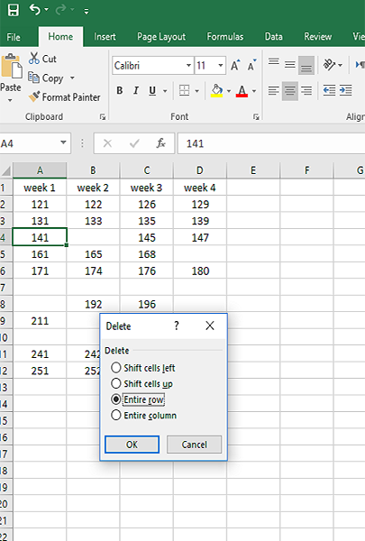 after clicking on delete, choose “Entire row,” to delete the entire row