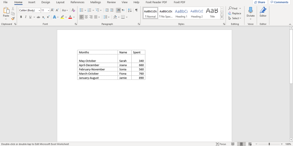 an excel table copied from excel to word