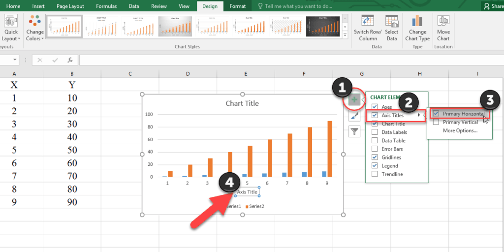 Use the Chart Element button to add axis title.