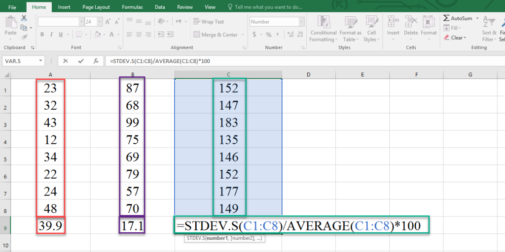 How to calculate the sample CV function in Excel