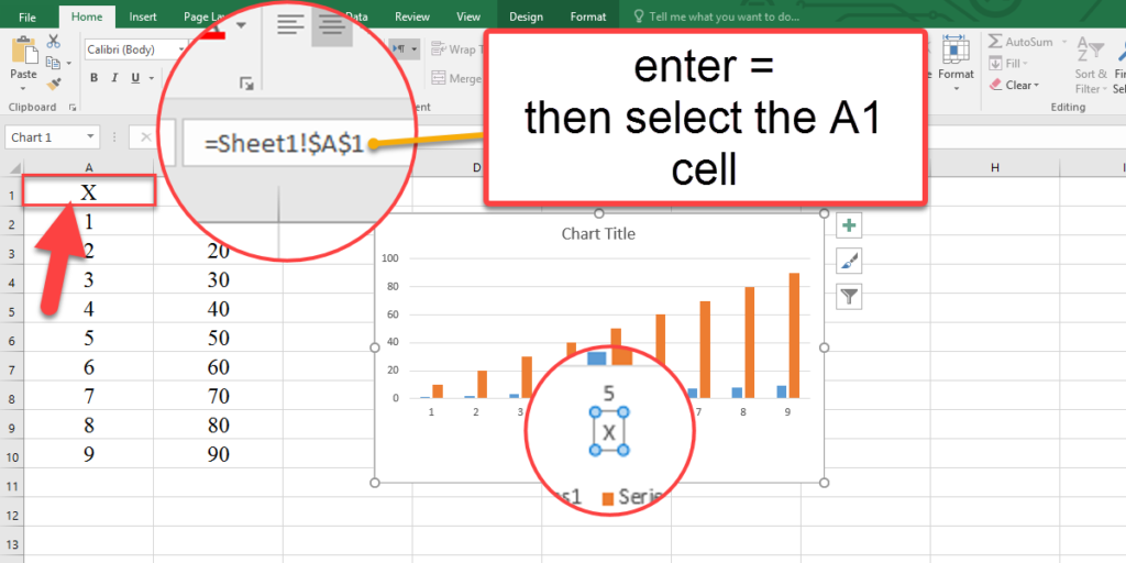 How to link the X axis title to the text in Excel?
