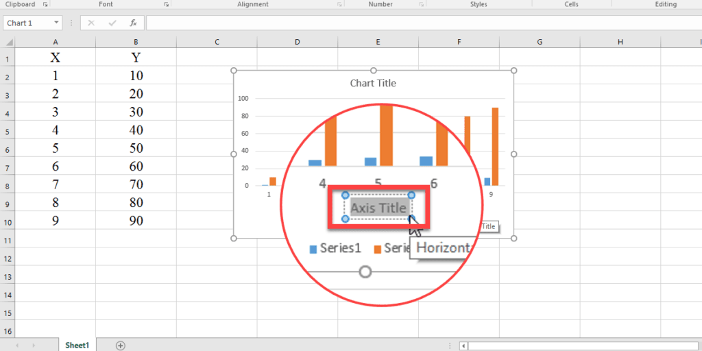 Selecting the axis title for linking to the text.