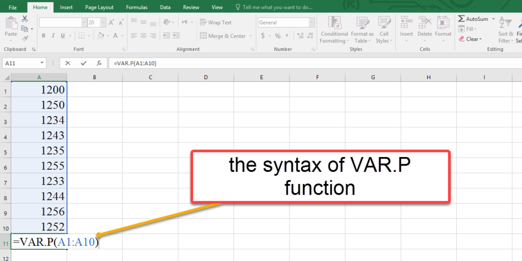 How to use the syntax of VAR.P function in Excel