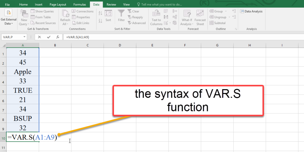 How to use the syntax of VAR.S function in Excel
