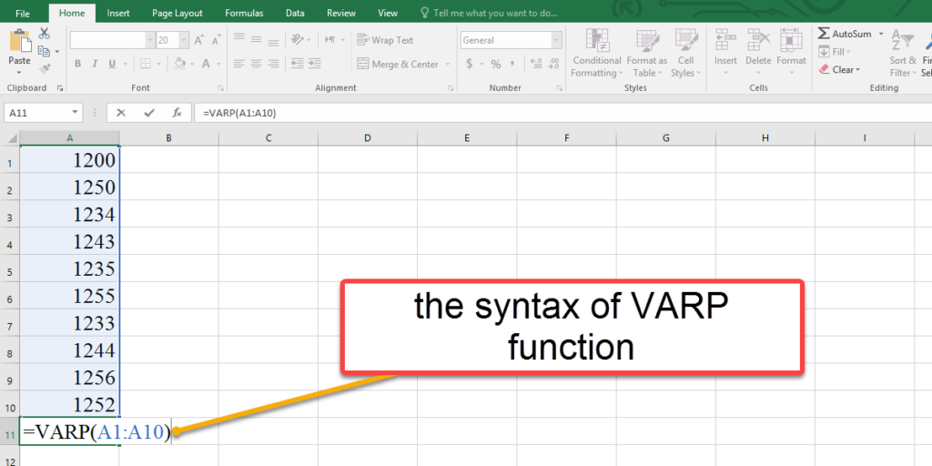 How to use the syntax of VARP function in Excel