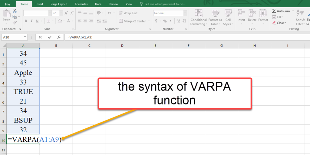 How to use the syntax of VARPA function in Excel