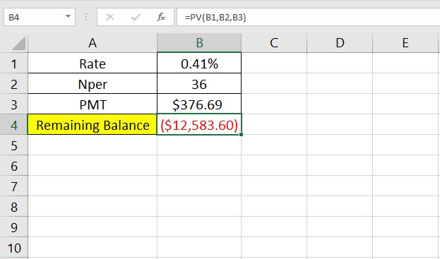 calculating the remaining balance in Excel
