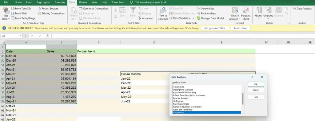 Time Series Analysis to forecast in Excel
