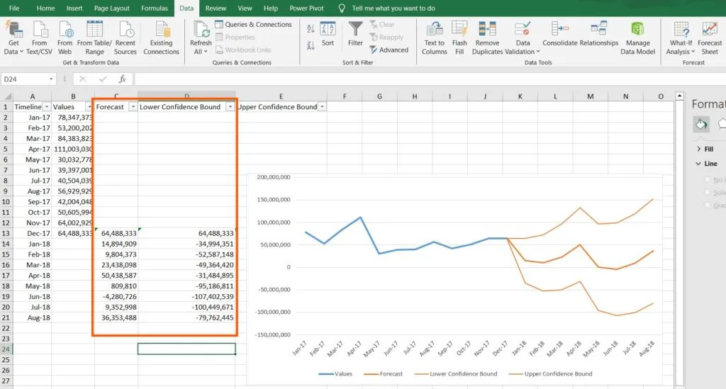interpreting exponential forecast in excel
