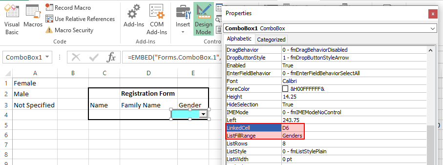 create combobox in excel configure input range