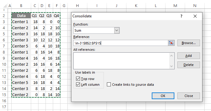consolidate data in excel from multiple rows reference