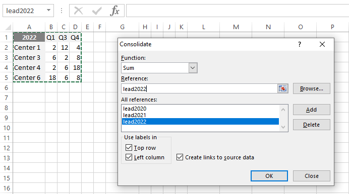 consolidate data in excel from multiple ranges reference