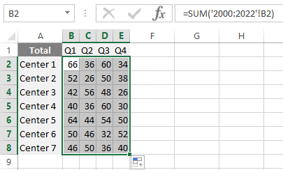 consolidate data in excel using 3d formula filling down