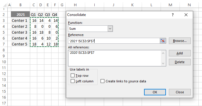 consolidate data in excel by position reference