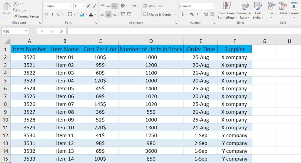 inventory list in Excel