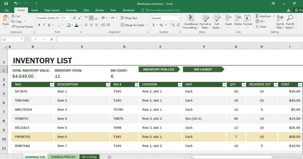 inventory Excel template