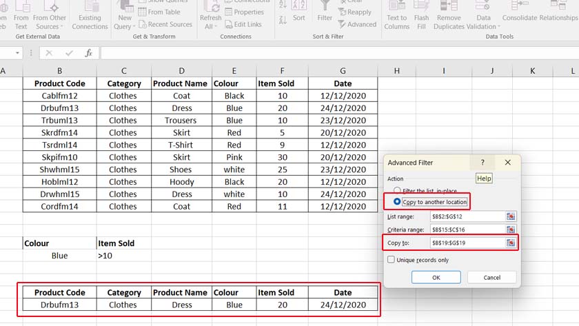 Advanced Filter window in excel copy to another location option