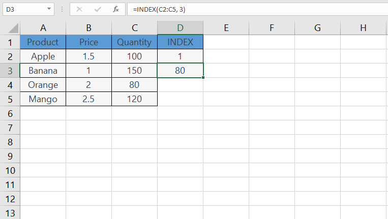 INDEX function in spreadsheets