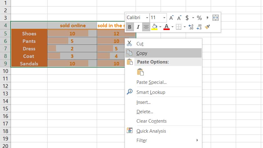 select and copy excel data