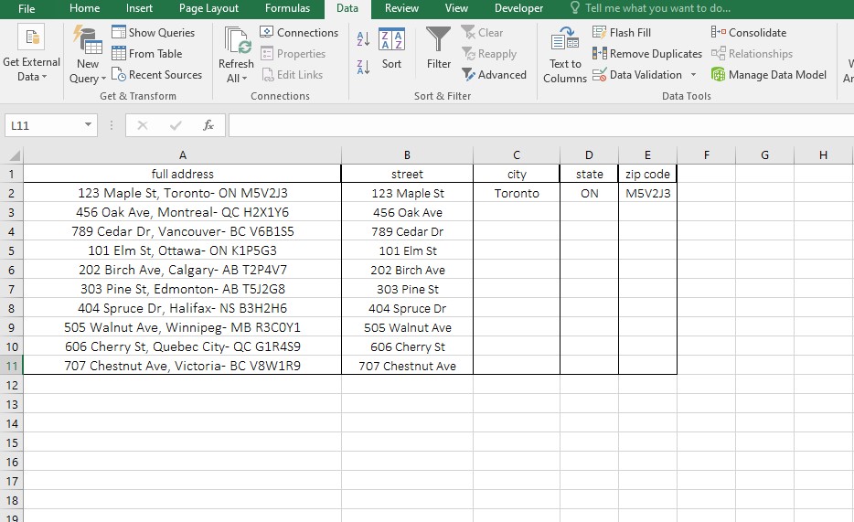 address data in Excel