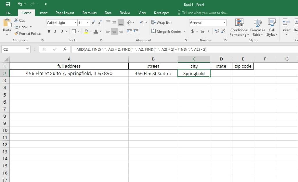 excel formula to separate address, city, state and zip
