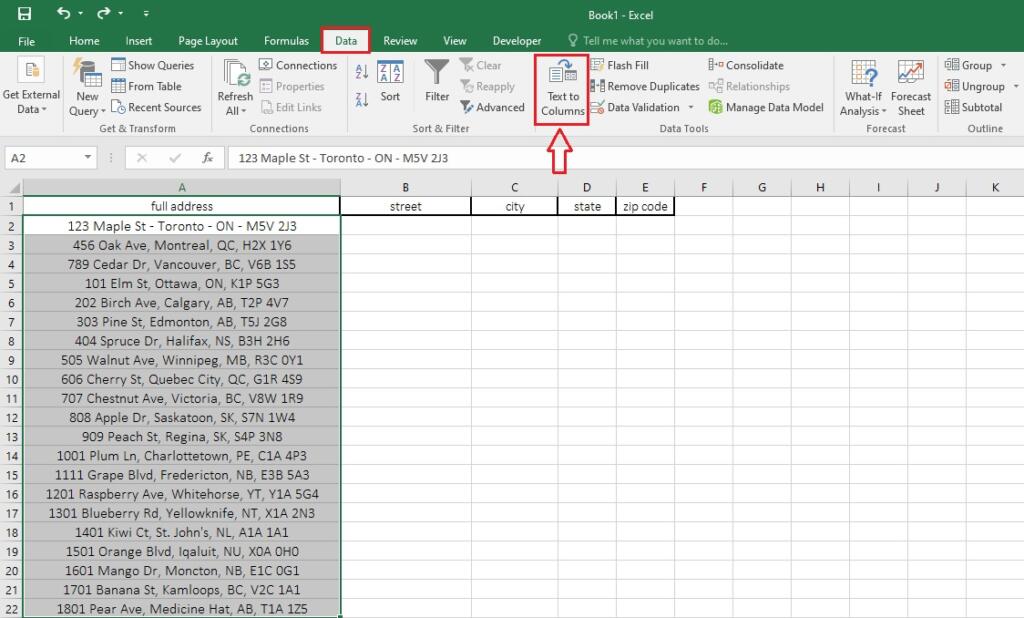 split address in excel with text to columns