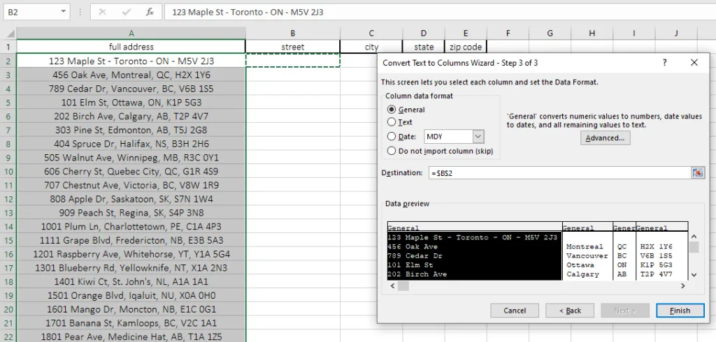 split address with text to column
