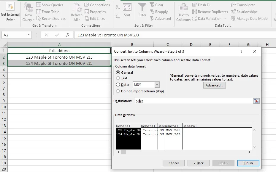 split address with text to columns