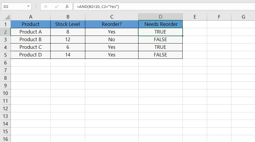 AND function in Excel