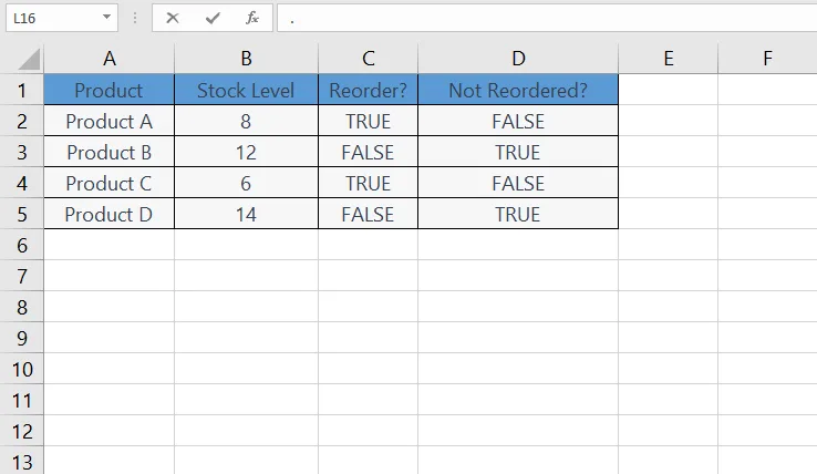 NOT function in Excel