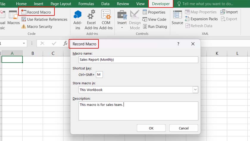 How to record a macro in excel, go to the developer tab and click Record Macro on the Code gropu