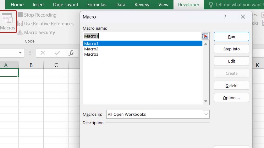 macto window in excel. Select a macro and click Run.