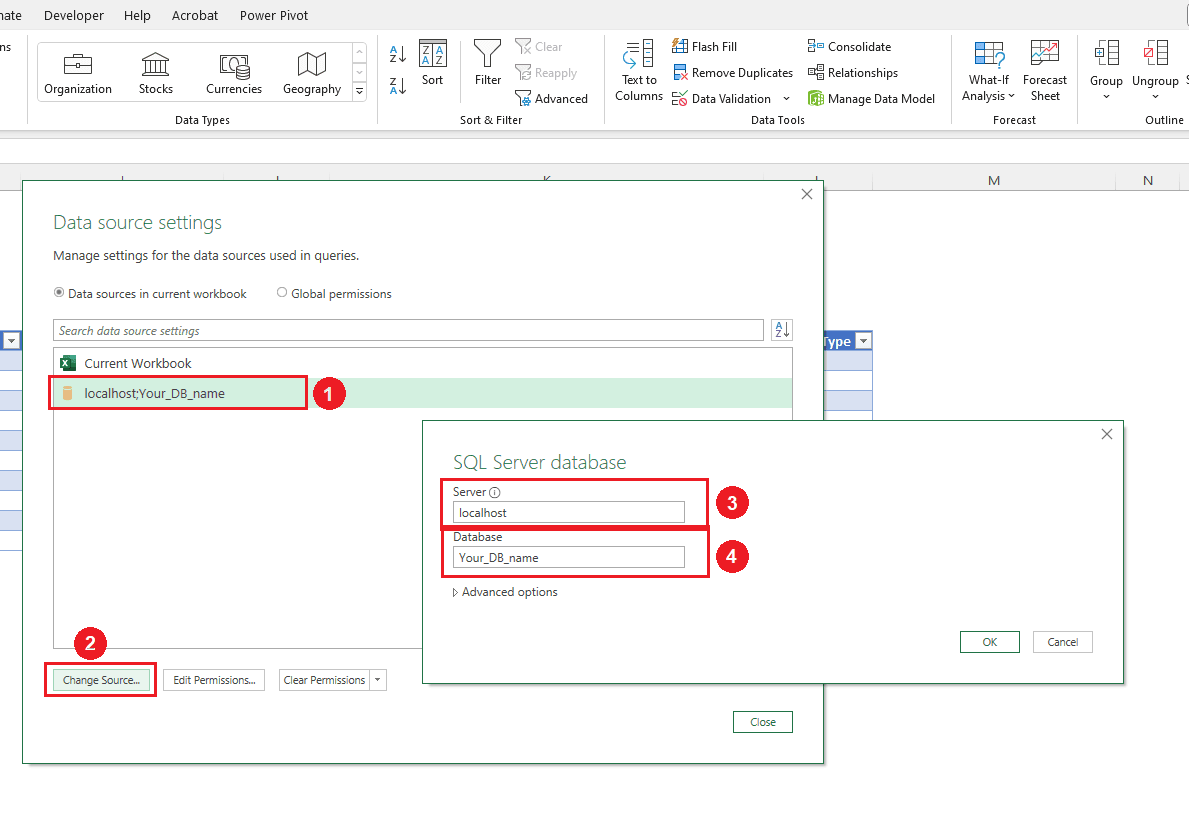 Change Source-Connecting Excel to Microsoft SQL