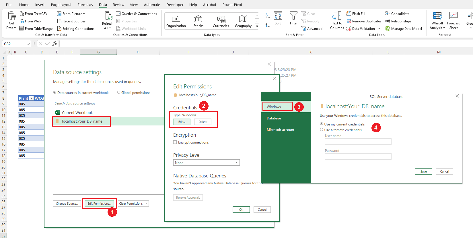Permissions and Credentials-Connecting Excel to Microsoft SQL