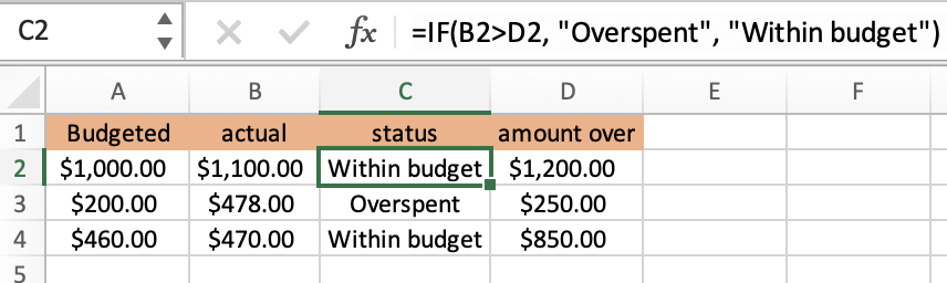 screenshot of an Excel worksheet with the IF function’s formula being shown in the Formula bar
