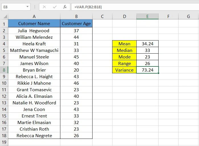 calculating variance for descriptive statistics in Excel