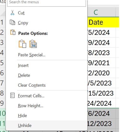 Check for hidden rows or columns