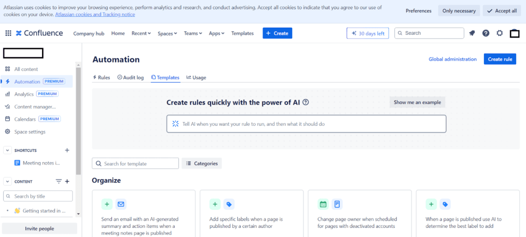 Confluence vs. SharePoint; Confluence dashboard