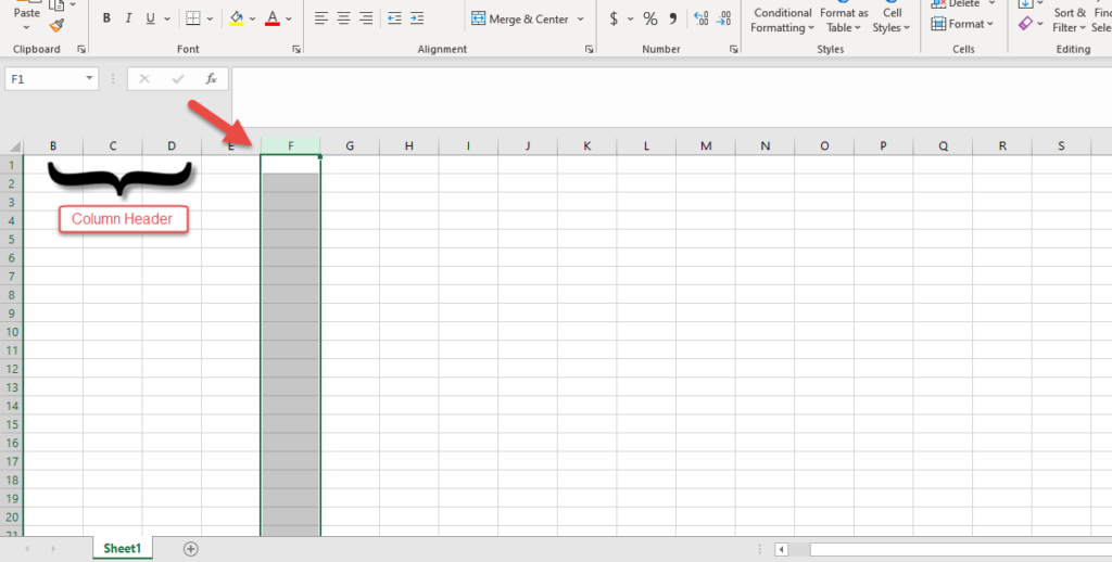 Selecting a column in an Excel spreadsheet and showing columns' header