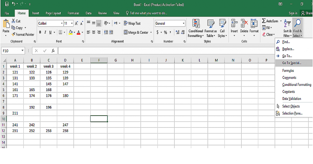 Click on the “Find & Select” button on the Home tab and select “Go To Special”