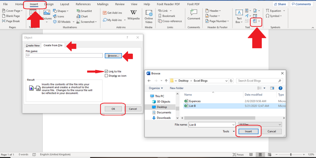 how to use insert object to insert an excel table into word